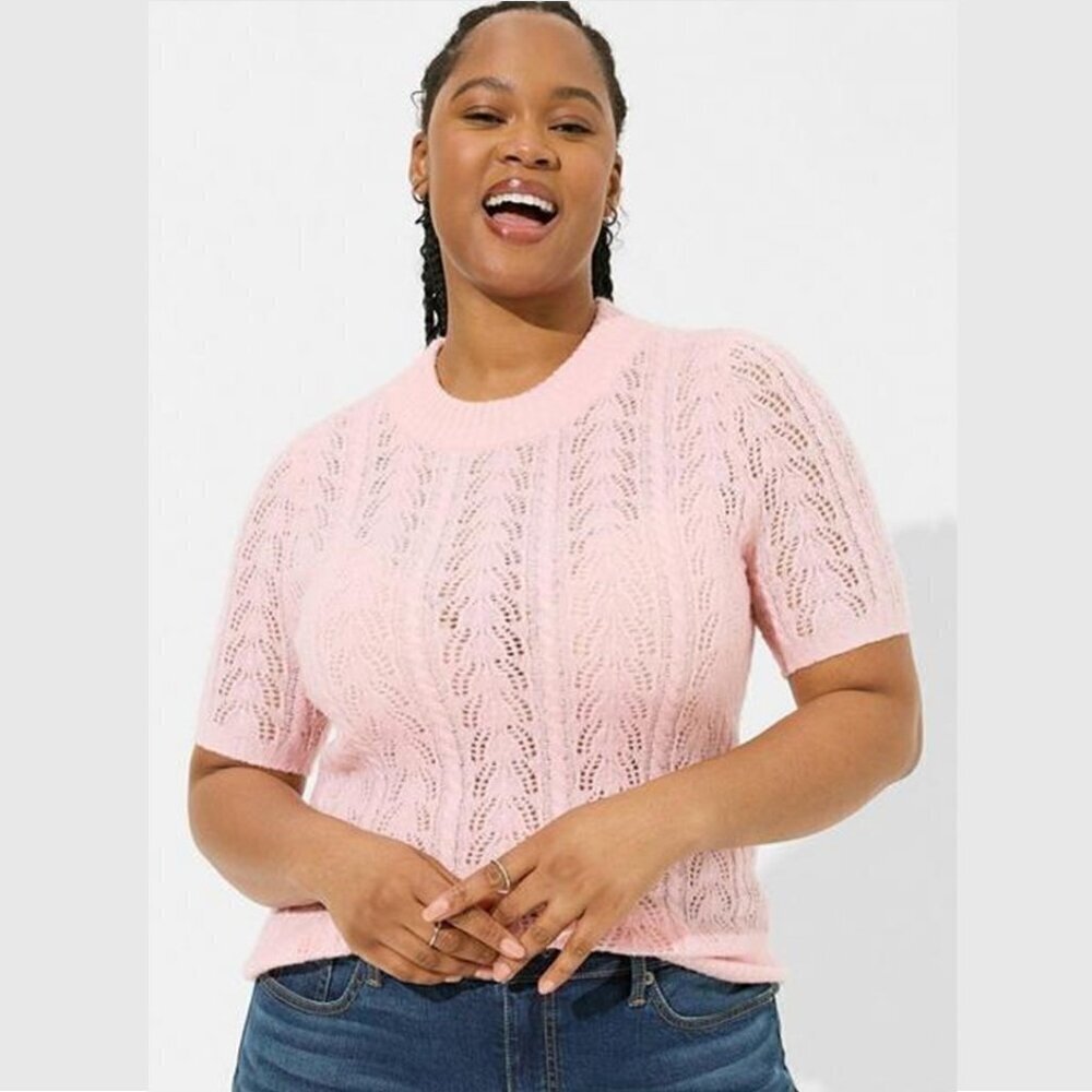 Torrid - Pointelle Pullover Short Sleeve Sweater in Almond Blossom Pink​​​​​​​